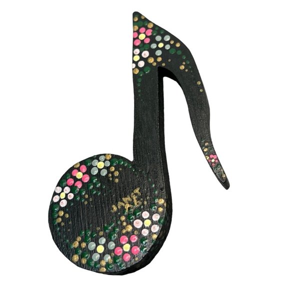 Music Eighth Note Brooch Pin Black Floral Vtg Hand Painted Wood 'Janet' - Picture 6 of 6